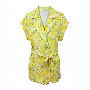 Avec Les Filles Lemon Print Wrap Romper Size 8 Linen Blend Belted One-Piece. NEW